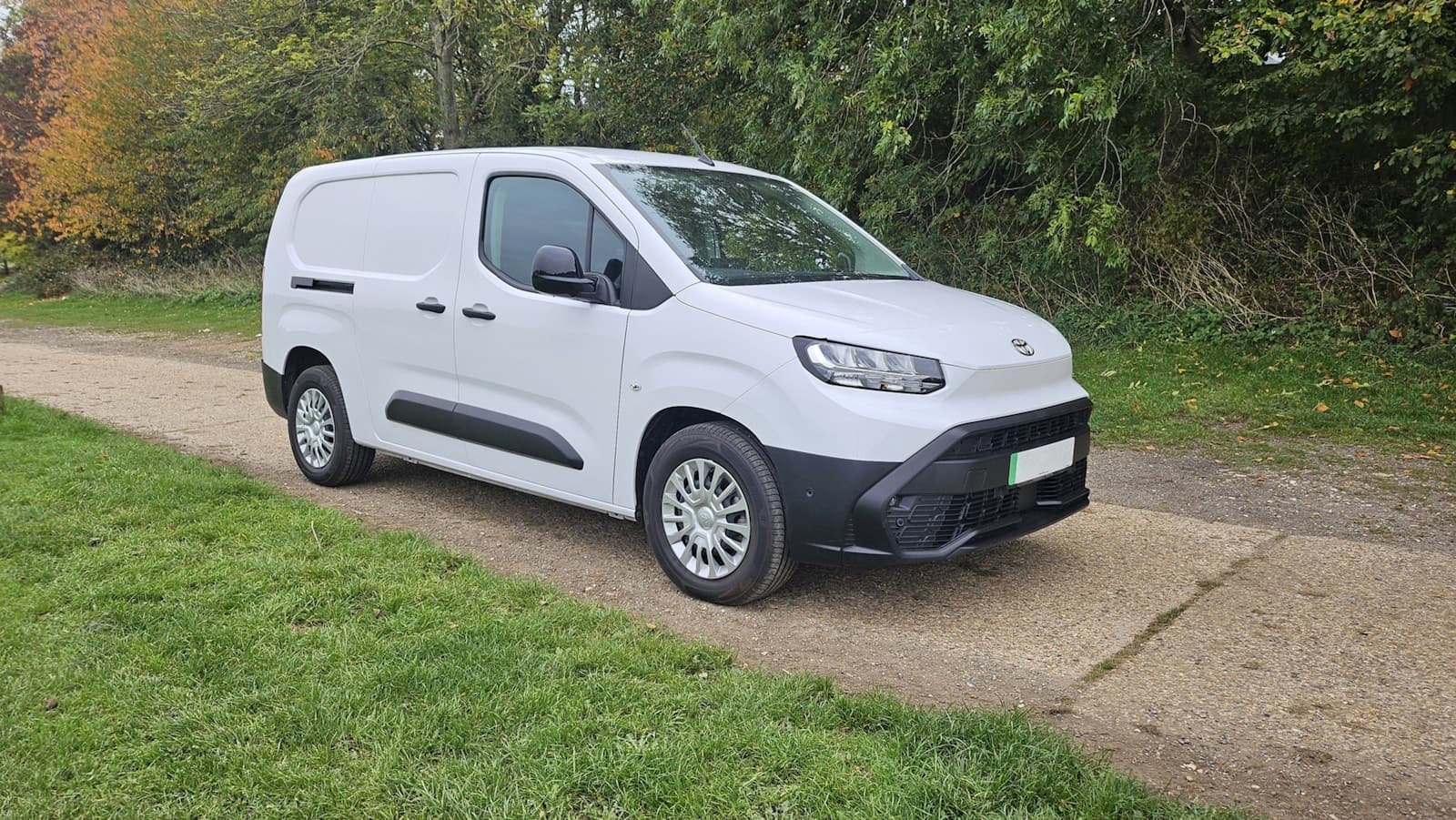 White commercial van parked on a driveway beside a green lawn and autumn trees